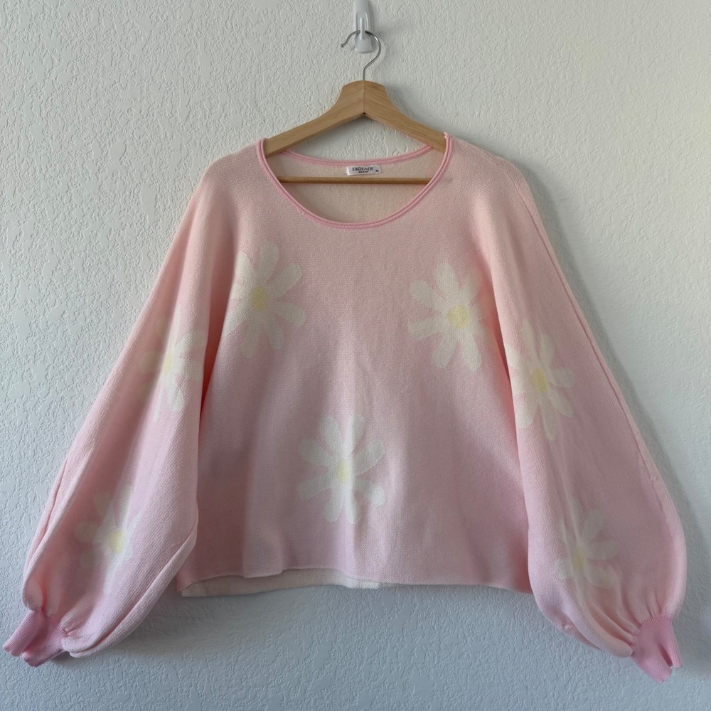 Ekouaer Pink Daisy Floral Balloon Sleeve Knit Sweater XXL Women Relaxed Pullover